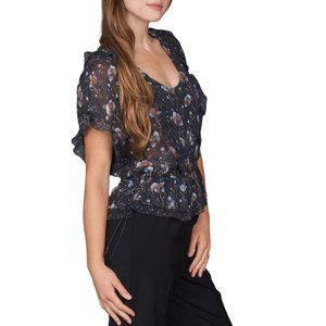 Ulla Johnson Midnight Blue Silk Top Floral Side Ties Ruffle Blouse 0